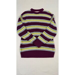 Obey Striped Crewneck Sweater Cotton Purple Grey Lime Green Small Chunky Knit
